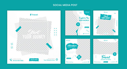 Travel Social media post design, professional brush effect post for holiday vacation, tours and travels template vector