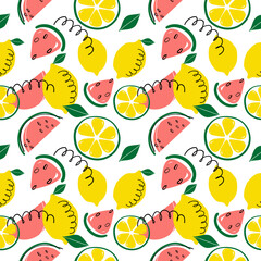 Modern tropical seamless pattern with lemons and watermelons. Fruit repeated background. Vector bright print for fabric or wallpaper.