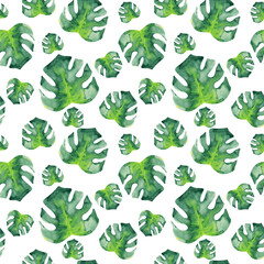 Green exotic monstera leaves seamless pattern on white background, watercolor foliage