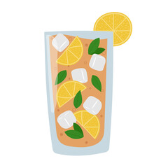 Iced tea with lemon, mint leaves and ice cubes in a glass. Refreshing summer drink. Isolated vector illustration. 