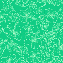 Fototapeta na wymiar vector illustration for seamless green background with flower and leaf in line drawing style 
