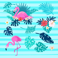vector illustration of flamingo, leaf, and flower in cute cartoon style
