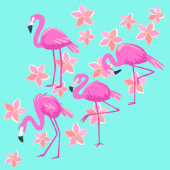 vector illustration of flamingo and flower in cute cartoon style
