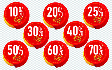10,20,25,30,40,50,60,70 Percentage Discount tag badge Vector Illustration. Perfect design for shop and sale banners
