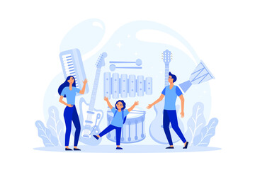 Music club or class. Students learn to play music. Young musician playing musical instruments. Vocal and salfeggio lesson. Flat vector illustration