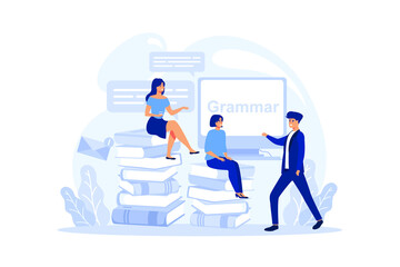 English class concept. Study foreign languages in school or university. Idea of global communication. Studying foreign vocabulary. Flat vector illustration