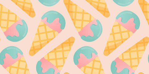 Seamless pattern of ice cream cone with glaze. Ice cream backgound.