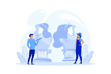 Art school education. Student holding art tools. Artist learning kids to draw and craft. Painting, sculpting and crafting. Isolated flat vector illustration