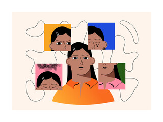 Bipolar disorder in women with different emotional masks. Anxiety disorder concept. The girl feels anger, anxiety, sadness, mental chaos. The woman suffers from experiences emotional instability.