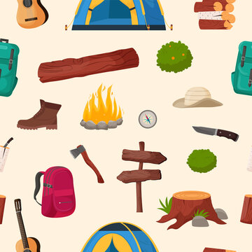 Camping and hiking seamless pattern. Summer camp travel tools collection for survival in wild, tent, backpack, map, axe, campfire and other camping equipment.