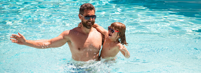 Father and son swimming in pool, summer family weekeng. Banner for design header, copy space.