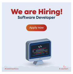 We are hiring. We are hiring software developer. Software developer hiring announcement banner. programmer, coder job vacancy. programmer recruitment