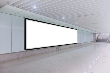 Horizontal long mock up of blank advertising billboard poster template in a long tunnel walkway;...
