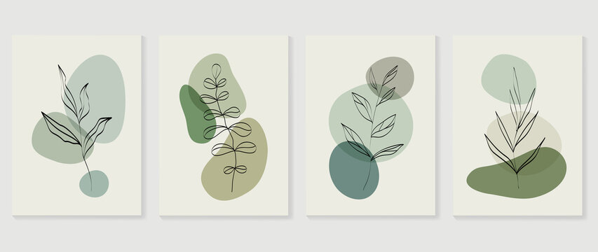Set of abstract foliage wall art vector. Leaves, organic shapes, earth tone colors, leaf branch in line art style. Line wall decoration collection design for interior, poster, cover, banner.