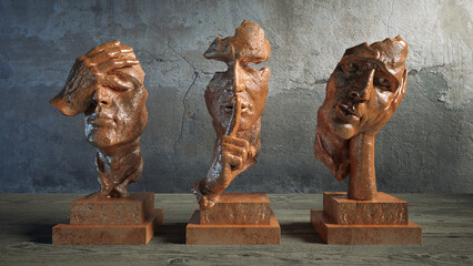 Sculptures of three human faces, masks, I do not see, do not hear, do not speak, symbolism and metaphor of silence, 3d rendering, 3d illustration