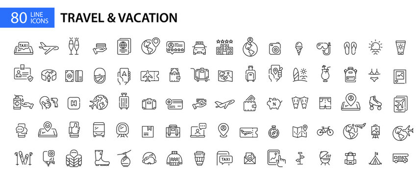 Big set of travel and vacation related icons. Plane trip, beach holiday, camping and others. Pixel perfect, editable stroke line art