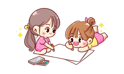 Happy cute kid girl kawaii children drawing picture on white paper hand drawn cartoon character illustration