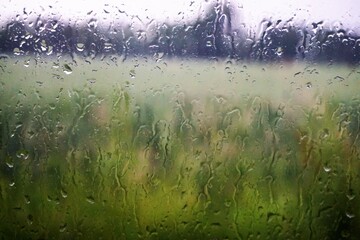 Grüne Landschaft mit Wiese, Feld, Bäumen und Himmel hinter Glasscheibe mit Regentropfen bei Wind und Regen im Frühling 