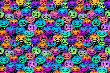 seamless pattern of bright multicolored haloween pumpkins