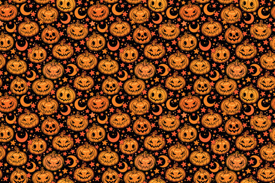 seamless pattern of bright orange haloween pumpkins and moon