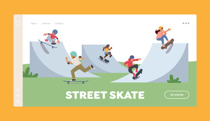 Street Skate Landing Page Template. Children Skating Longboard in City Park. Teen or Preteen Kids Skaters Freedom Life