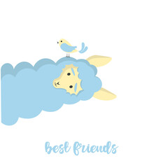 Cute llama and bird. Best friends animal characters. Kids vector illustration.