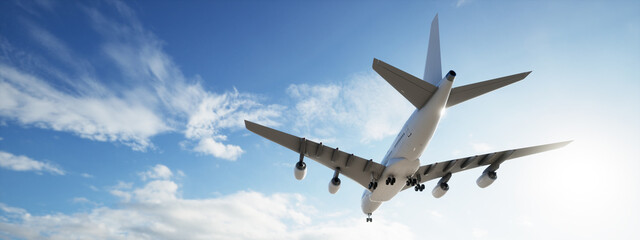 Conceptual flying white passenger jetliner or commercial plane after take off rising over a beautiful sky background. 3D illustration for jet transportation, travel industry or modern freedom concept © high_resolution