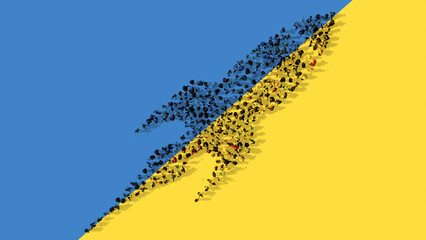 Concept or conceptual large community of people forming the sign of a rocket  on Ukrainian flag. 3d illustration metaphor for war, attacks, agression, devastation, destruction and casualties - obrazy, fototapety, plakaty