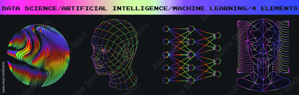 Poster Set of images in sci-fi futuristic style. Concept illustrations for neural network and artificial intelligence subjects.