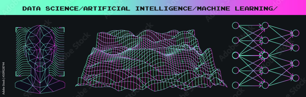 Poster Set of images in sci-fi futuristic style. Concept illustrations for neural network and artificial intelligence subjects.