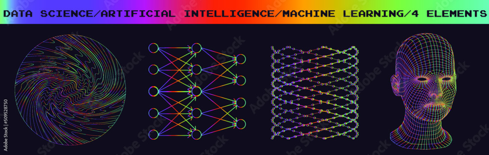 Poster set of images in sci-fi futuristic style. concept illustrations for neural network and artificial in