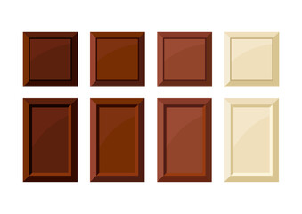 Fototapeta premium Chocolate bar piece rectangular and square chunk vector icon set. Yummy brown dark, bitter, milky and white choco part collection. Flat design cartoon style cacao sweet food clip art illustration.