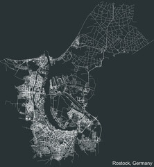 Detailed negative navigation white lines urban street roads map of the German regional capital city of ROSTOCK, GERMANY on dark gray background