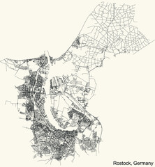 Detailed navigation black lines urban street roads map of the German regional capital city of ROSTOCK, GERMANY on vintage beige background