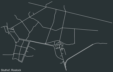 Detailed negative navigation white lines urban street roads map of the STUTHOF DISTRICT of the German regional capital city of Rostock, Germany on dark gray background