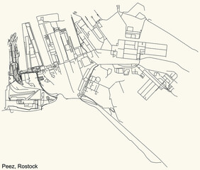 Detailed navigation black lines urban street roads map of the PEEZ DISTRICT of the German regional capital city of Rostock, Germany on vintage beige background