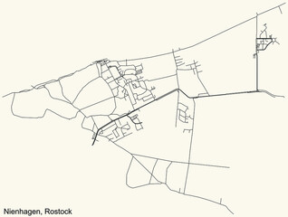 Detailed navigation black lines urban street roads map of the NIENHAGEN DISTRICT of the German regional capital city of Rostock, Germany on vintage beige background