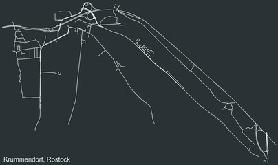 Detailed negative navigation white lines urban street roads map of the KRUMMENDORF DISTRICT of the German regional capital city of Rostock, Germany on dark gray background