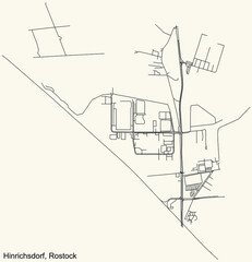 Detailed navigation black lines urban street roads map of the HINRICHSDORF DISTRICT of the German regional capital city of Rostock, Germany on vintage beige background