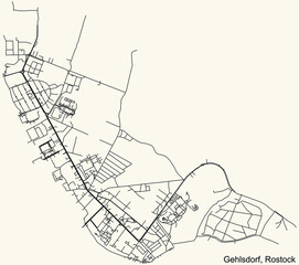 Detailed navigation black lines urban street roads map of the GEHLSDORF DISTRICT of the German regional capital city of Rostock, Germany on vintage beige background