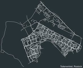 Detailed negative navigation white lines urban street roads map of the TOITENWINKEL DISTRICT of the German regional capital city of Rostock, Germany on dark gray background