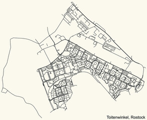 Detailed navigation black lines urban street roads map of the TOITENWINKEL DISTRICT of the German regional capital city of Rostock, Germany on vintage beige background
