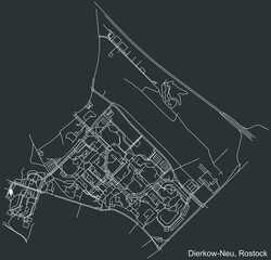 Detailed negative navigation white lines urban street roads map of the DIERKOW-NEU DISTRICT of the German regional capital city of Rostock, Germany on dark gray background
