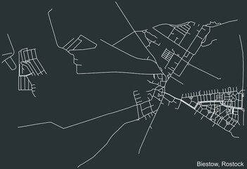 Detailed negative navigation white lines urban street roads map of the BIESTOW DISTRICT of the German regional capital city of Rostock, Germany on dark gray background