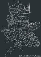 Detailed negative navigation white lines urban street roads map of the GARTENSTADT STADTWEIDE DISTRICT of the German regional capital city of Rostock, Germany on dark gray background