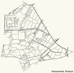 Fototapeta na wymiar Detailed navigation black lines urban street roads map of the HANSAVIERTEL DISTRICT of the German regional capital city of Rostock, Germany on vintage beige background
