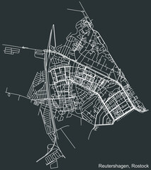 Detailed negative navigation white lines urban street roads map of the REUTERSHAGEN DISTRICT of the German regional capital city of Rostock, Germany on dark gray background