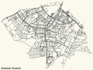 Detailed navigation black lines urban street roads map of the SÜDSTADT DISTRICT of the German regional capital city of Rostock, Germany on vintage beige background