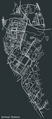 Detailed negative navigation white lines urban street roads map of the SCHMARL DISTRICT of the German regional capital city of Rostock, Germany on dark gray background