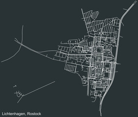 Detailed negative navigation white lines urban street roads map of the LICHTENHAGEN DISTRICT of the German regional capital city of Rostock, Germany on dark gray background